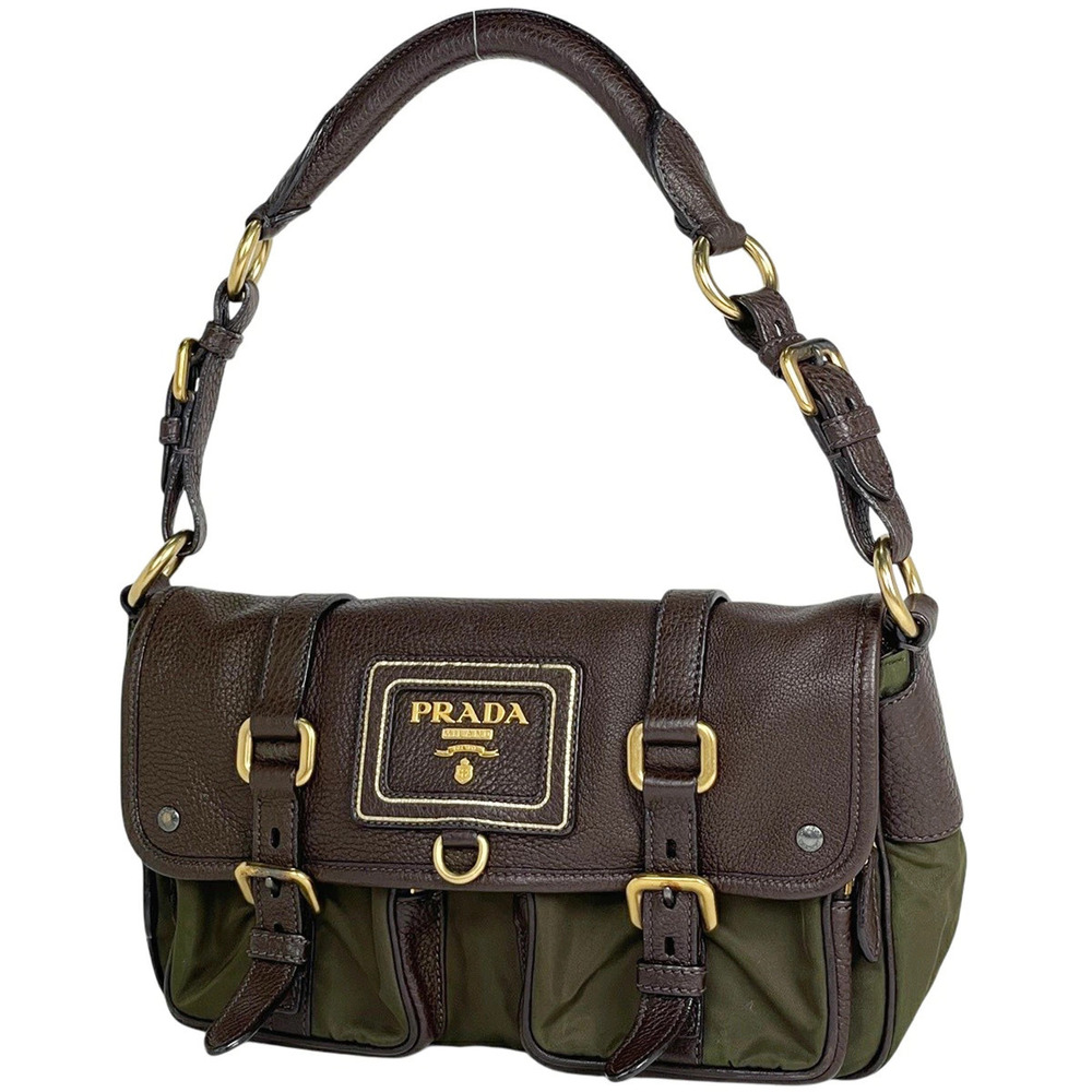 Prada Shoulder Bag Khaki Green Green Beige Cream